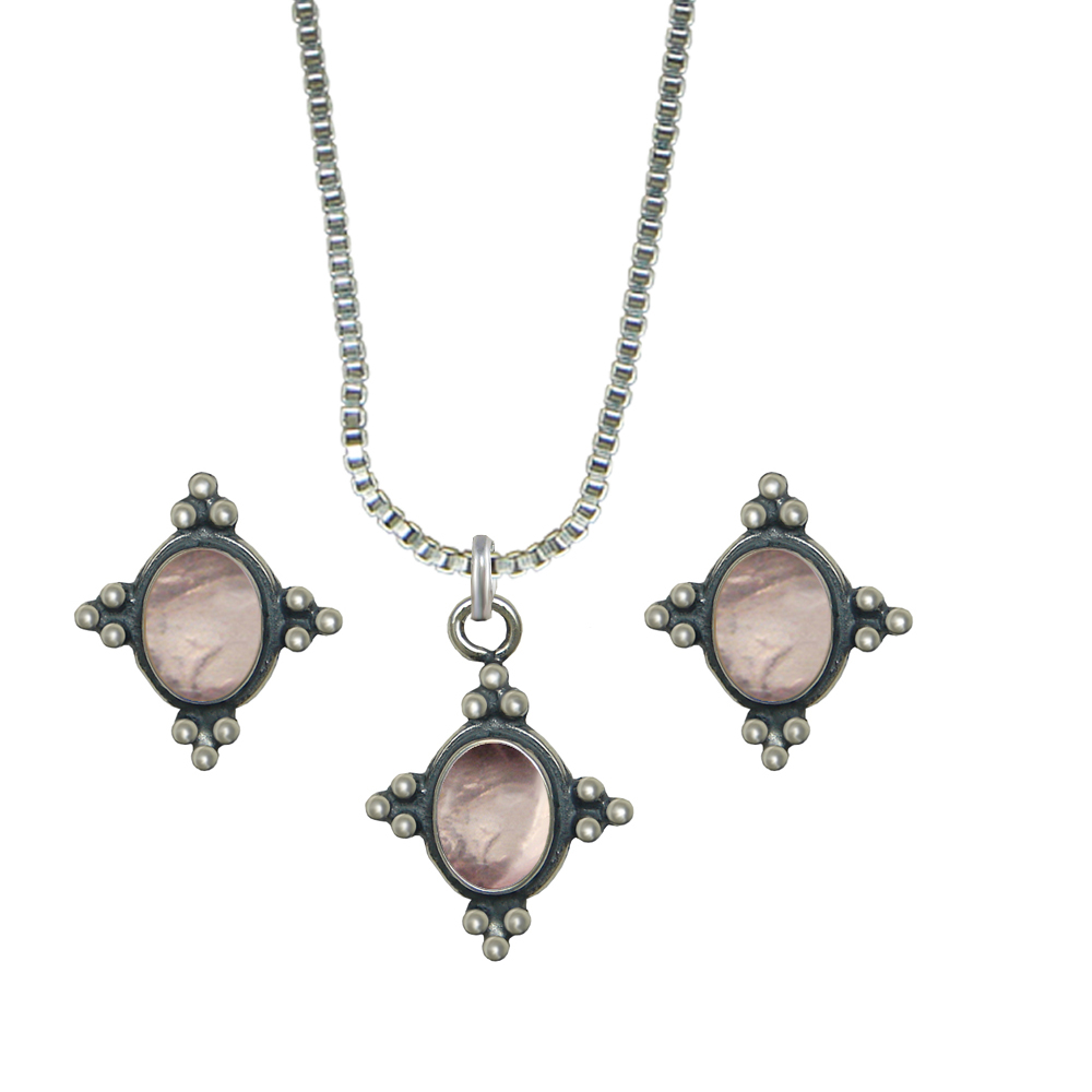 Sterling Silver Petite Necklace Earrings Set Rose Quartz